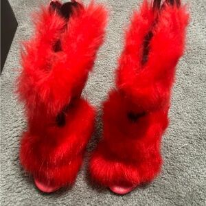 Luxurious Red Fur Women's Shoes